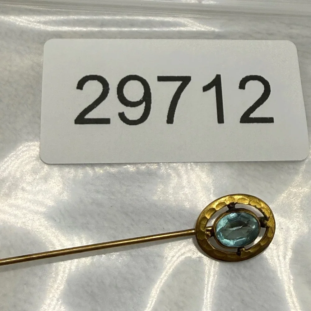 Vintage CPB Stick Pin Gold Tone Light Blue Oval Stone Hammered Circle